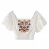 夏の女性の花の刺繍蝶の蝶の袖ショートブラウス女性正方形襟スモックシャツカジュアルな女性スリムトップスBlusas S8792 210430