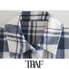 TRAF Women Fashion Oversized Check Cropped Jacket Coat Vintage Long Sleeve Pockets Female Outerwear Chic Tops 210415