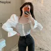 Neploe Knitted Patchwork Women Blouses Korean Plaid Blusas Slim Fit Puff Sleeve Shirts Spring Fashion Square Collar Tops 210422