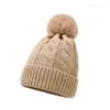 Beanie/Skull Caps Women Winter Hat Thicked Plush Inside Knitted Beanie With Pom-poms Female Warm Ski Outdoor Flanging Twist For Woman