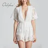 Summer Women Embroidery Playsuit See Through Mesh Sexy Jumpsuit White Lace Beach Rompers 210415