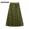 Animal Print Satin High Waist Fashion Pleated Skirts Army Green Color Vintage Midi Skirt Bottoms Mujer Faldas 210413