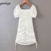 Women Sexy Backless Drawstring Draped Bodycon Square Neck Lantern Sleeve Elegant White Summer Mini Party Dresses 210514