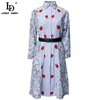 Mode Runway Summer Borduurwerk Midi Jurk Dames Lange Mouw Elegante Gestreepte Print Bohemian Shirt Stijl Jurken 210522