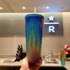 24oz Real Logo Personalized Iridescent Bling Rainbow Studded Cold Cup Tumbler coffee mug with straw