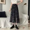 Zwarte chiffon midi long rok vrouwen mode zomer esthetische bloemenprint boho strand elastische hoge taille geplooide rok vrouw 210619