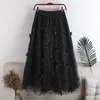 Printemps été longue jupe plissée en tulle femmes coréenne maille broderie florale taille haute esthétique midi femme 210421