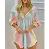 Casual Dresses 2021 Kvinnorna Färg randig knapp Front Blus Dress Vacation Shirt2356