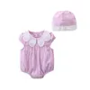 born Lace Romper Baby Summer Rompers with Hat Infant Petal Collar Jumpsuit 1st Birthday Baptism Clothing Toddler Bodysuit 210615