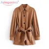 Aelegantmis Vintage Slim PU Veste en cuir Femmes Motor Biker Cravate Ceinture Taille Manteau Femael Poches Streetwear Qualité 210607