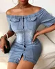 Spring Women Off Shoulder Knappad Denim Bodycon Mini Dress Femme Sexig Office Outfit Ladies Party Wear Valentine's Day New 210415