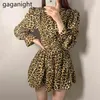 Sexy Dames Mini Jurk Fall O-hals Luipaard Print Lantern Mouw Hoge Taille Ruches Vintage Vestidos Club Dragen Jurken 210601