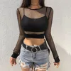 Kadın T-Shirt Kadın Fishnet Örgü See-through Siyah Gömlek Kadın Harajuku Seksi Uzun Kollu Tee Tops