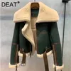 DEAT Winter Fashion Patchwork Green Spliced Large Lapel Women's Thickened Short Fur Sheep Shearing Coat 7I1713 211129