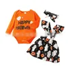 kids Clothing Sets girls Halloween outfits infant toddler Letter print Tops+Flying sleeve pumpkin ghost strap dress+Bow 3pcs/set Spring Autumn baby Clothes