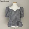 Nomikuma Vintage Puff Sleeve Plaid Shirts Slim Waist Koreanska Chic Blus Kvinnor Ankomst Elegant Retro Toppar Femme Blusas Mujer 210514