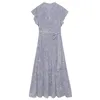 2011 Pleated Bandage Slim Waist Summer Dress Elegant Stand Collar Flying Sleeve Long Dresses Women Chic Simple Print Vestidos 210514