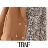 Women Fashion Leopard Print Patchwork Blazer Coat Vintage Long Sleeve Pockets Female Outerwear Chic Tops 210507