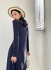 Winter Blue Bow Neck Long Sleeve Korean Dress Women A Line Knee Length Casual Modest Ladies Warm Clothes 210427