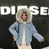 Bella Winter Women Denim Futro Kapturem Płaszcz Streetwear Lady Casual Kurtki Parka Kobieta Single Breasted Znosić 211109