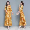 summer Fashion Floral Print Slim A-Line Dress Elegant Ladies Maxi V-Neck three quarter Sleeve Chiffon es 210531