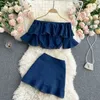 Ftllz estate casual donna gonna a due pezzi set slash collo spall spalla ruffled crop top e tasto denim mini abito 210423