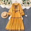 SINGREINY mujeres Vintage corte viento vestido Puff manga cuello redondo Casual suelta A-line vestidos otoño bohemio bordado Midi vestido 210419