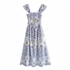 Za Embroidered Openwork Straps Long Dress Women Sleeveless Ruffle Vintage Blue Summer Dress Woman Pleated Party Dresses 210602