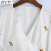 Zevity Women Sweet Cross Vネック中空アウト花刺繍ショートスモックブラウス女性裾蝶ネクタイシャツシッククロップトップスLS9265 210603