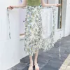 Summer Fishtail Floral Midi Skirts Jupe Femme Solid Women's Lace-up Lotus Leaf Beach Chiffon Irregular Skirt 10232 210508