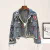 Kvinnorjackor våren Autumn New Women Street Fashion Graffiti Denim Jacket Kvinnlig personlighet Kort rå sned nit franse Jean Coat Y 392