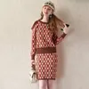 Two Piece Dress Autumn Spring Women Elegant Sweater Pullover + Pleated Skirt 2 Set Knitted Midi Slim Suit