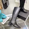 Designer- czarna skórzana kolano wysokie buty dla kobiet Sqaure obcasy damskie buty do butów