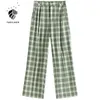FANSILANEN Casual Streetwear Pantalones a cuadros verdes Mujeres Primavera Verano Recto A cuadros Mujer Negro Pantalones de cintura alta 210607