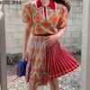 Mulheres Conjunto de Verão Coreano Chique Retro Lapela Jacquard Loose Slow Slow Sleeve Sweater Cintura alta Impressão A linha Skirt Plissada 210514