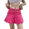 Skirts Pink Denim Pleated Mini Solid Casual Woman Fashion Korean Style High Waist Skirt With Lined Club Party Girls 2022