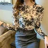 Flocked Printed See Though Mesh Fashion Women Blouses Sexy Slim Bottoming Shirt for Women Round Neck Pullover 10769 210527