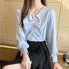 Z Długim rękawem All-Match V Neck Office Lady Style Jesień Koreańskie Koszule Kobiet Bluzki Kobiety Plus Size Kobiety 10491 210508