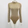 Free Heavy Industry Beaded Bodysuits Top Women's Elegant Stand Collar Long Sleeve Pantsless 210524