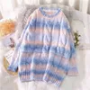 Höst Vinter Kvinnor Regnbåge Tröjor Slips Dye Pullover O-Neck Lång Loose Striped Korean Jumpers Candy Färg Stora Kvinna Toppar 211216