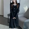 Kimutomo vestido de malha mulheres outono inverno simples estilo francês retro feminino quadrado colarinho lace manga longa vestidos moda 210521