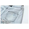 Ljusblå fickor blommig patchwork jeans fritidsknapp tofsfluga skinny falska två styck shorts sommar gx649 210421