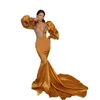 Gold Meerjungfrau Abendkleider Laterne Lange Ärmel Spitze Appliques Frauen Prom Kleid V-ausschnitt Elegante Bodenlangen Robe De Soriee