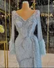 Plus-storlek arabisk aso ebi lyxig pärlstav kristaller prom klänningar sjöjungfru djup v-hals sexig kväll formell parti andra mottagnings klänningar zj215