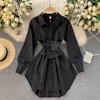 DEAT Women Girdle Vintage Shirt Dress Solid Color Long Sleeve Waist Two Piece Set Fashion Spring Summer 11B148 210709