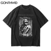 Gonthwid Streetwear Distressed T-shirts Hip Hop Skelet Skull Korte Mouw T-shirts Punk Rots Gotische Tees Shirts Harajuku Tops 210707