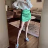 Frau Elegant Grün Slim Satin Kurzer Rock Frühling Mode Streetwear Reißverschluss Mini S Mädchen Y2K Hohe Taille Bleistift 210621