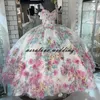 2021 Quinceanera Suknia Ball Suknie 3D Floral Flowrs Sweet 16 Sukienka Długość podłogi Puffy Party Gown Vestidos de 15 Años