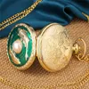 Montres antiques vintage Poissons avec couvercle en perles, boîtier doré rétro, montre de poche à quartz pour hommes et femmes, collier, chaîne, affichage des chiffres arabes