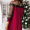 Spring Above Knee Fashion Dresses Sexy Lace Mesh Spliced Plus Size Loose A-line Long Sleeve Red Vestidos 12835 210521